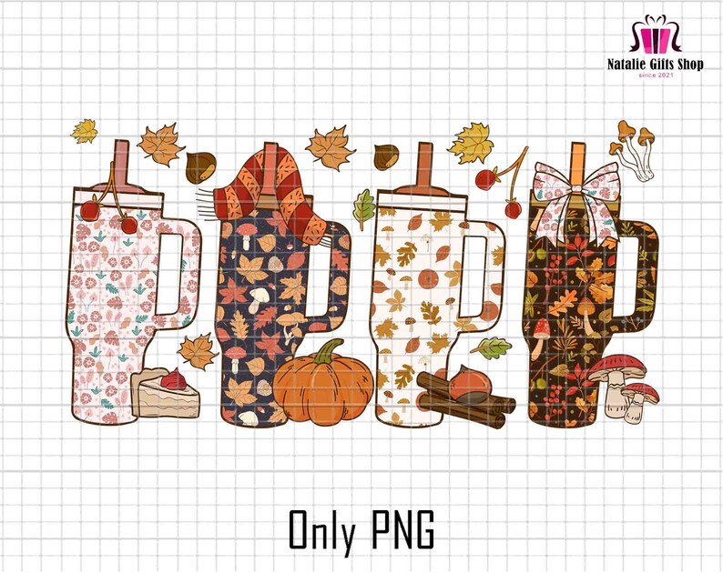 Puede incluir: Una ilustraci&oacute;n digital que muestra cuatro vasos con asas, cada uno decorado con patrones de tem&aacute;tica oto&ntilde;al que incluyen hojas de oto&ntilde;o, calabazas, setas y bufandas de cuadros, acompa&ntilde;ados de casta&ntilde;as, bayas y un trozo de pastel.