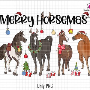 May include: A festive illustration features four horses adorned with Christmas decorations. The text "Merry Horsemas" arches above them. Each horse has unique holiday accessories, including Santa hats, antlers, and garlands. Presents and ornaments complete the holiday theme.