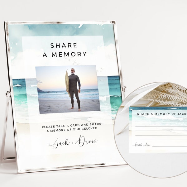 Celebration Of Life Share A Memory Ocean, INSTANT DOWNLOAD, Memory Card And Sign, Funeral Keepsake Blue, Printable Editable Template, OCE02