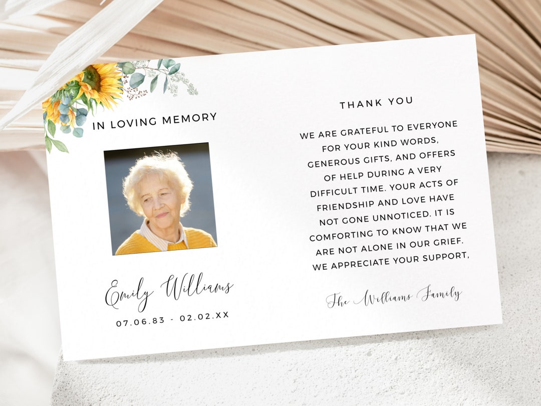Funeral Thank You Cards With Photo Sunflower, INSTANT DOWNLOAD