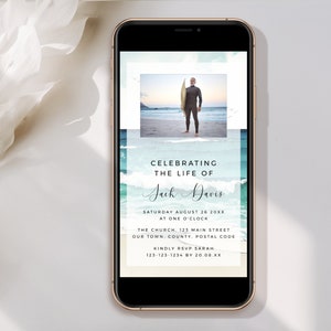 Funeral Evite Surfer, INSTANT DOWNLOAD, Digital Smartphone Text Invite Ocean, Memorial Announcement, Editable Invitation Template, OCE02