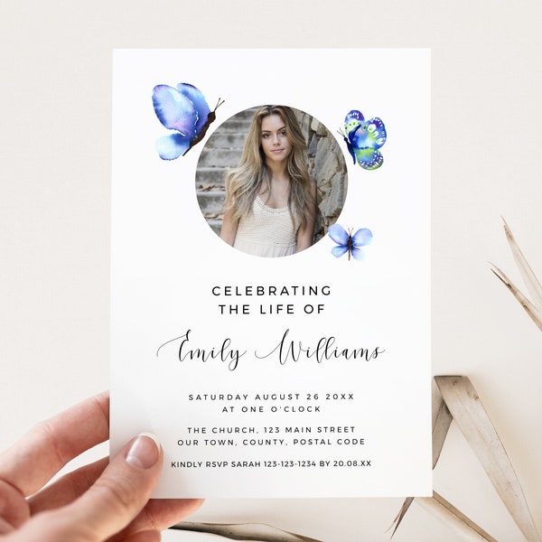 Memorial Celebration Of Life Invitation Butterflies, INSTANT DOWNLOAD, Funeral Announcement Template Butterfly, Editable Photo Invite BLY01