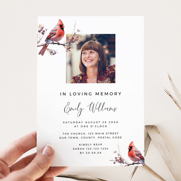 Funeral Announcement Birds Cardinal, INSTANT DOWNLOAD, Memorial Service Invite Red, Celebration Of Life Invitation, Editable Template BIR01