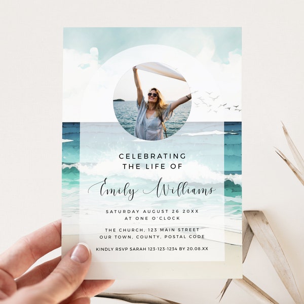 Celebration Of Life Invitation Template Ocean, INSTANT DOWNLOAD, Funeral Announcement Beach, Memorial Invite Sea, Printable Editable, OCE01