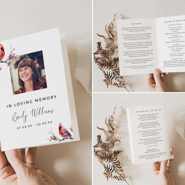 Downloadable Funeral Program Cardinal Bird, INSTANT DOWNLOAD, Memorial Photo Order Of Service, Celebration Of Life, Editable Template, BIR01