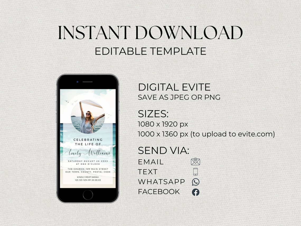 Digital Celebration of Life Invitation Ocean, INSTANT DOWNLOAD