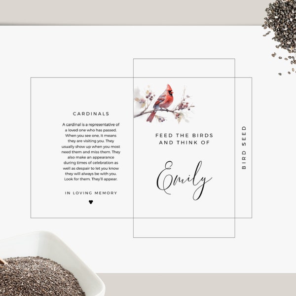 Funeral Favors Bird Seed Packet, INSTANT DOWNLOAD, Printable Memorial Guest Keepsake, Celebration Of Life Idea, Editable Template, BIR01