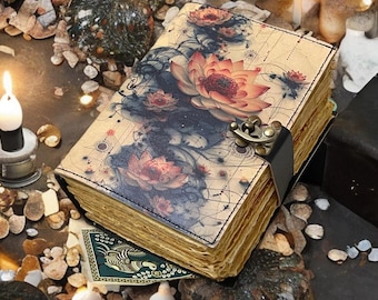 400 Pages Floral Grimoire Handmade Leather Journal | Vintage Spell Book | Blank Book of Shadows | Botanical Witch Journal |Gift for Him
