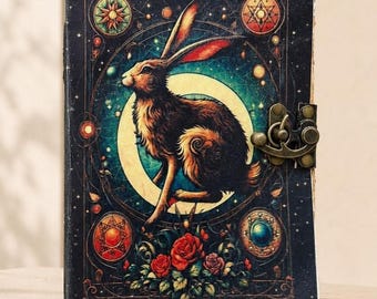 Caderno de couro de coelho com cadeado, grimório artesanal do Livro das Sombras, presente de bruxa.