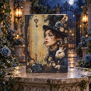 May include: A rectangular journal with a metal latch closure featuring a vintage-style illustration of a person in a top hat and a rabbit. The cover design includes script text, a key, clock gears, and blue roses against a sepia-toned background.