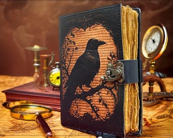 Raben Lederbuch • 400-seitiges Buch der Schatten • Zauberbuch + gratis Leder-Lesezeichen