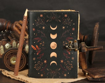 Moon Phase Leather Journal, Deckle-Edge Blank Notebook, Handmade Sketchbook & Gift for Writers