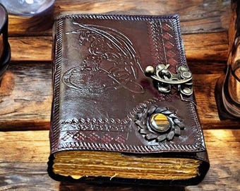 Dragon Leather Journal with Blue Gemstone: Handmade Fantasy Grimoire
