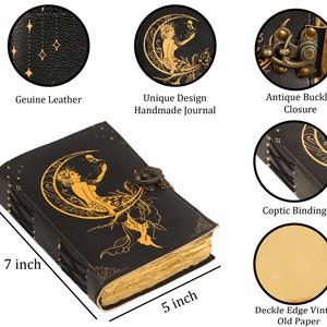 May include: A black leather journal with a gold design of a mermaid on a crescent moon. The journal has an antique buckle closure, coptic binding, and deckle edge vintage paper. It measures 17.8 cm by 12.7 cm.