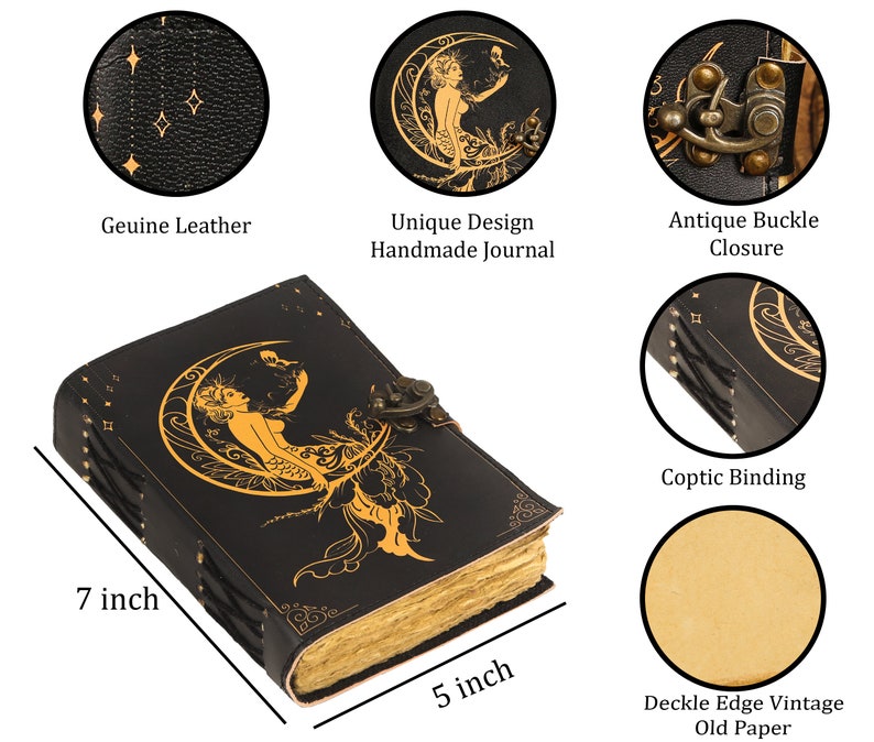 May include: A black leather journal with a gold design of a mermaid on a crescent moon. The journal has an antique buckle closure, coptic binding, and deckle edge vintage paper. It measures 17.8 cm by 12.7 cm.