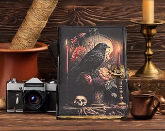 Raven Leather Grimoire: 400-Page Vintage Spellbook, Handmade Book of Shadows