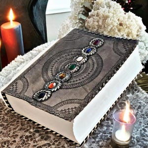 Extra Large 600 Chakra Leather Journal with Healing Gemstones, Handmade Energy Grimoire, Spiritual Wiccan Notebook, Crystal Journal Gift