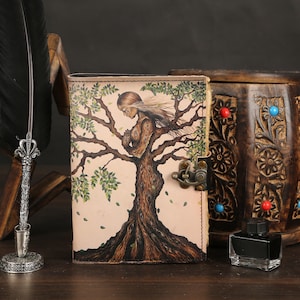 Diario in pelle fatto a mano / Diario della Dea dell'Albero della Vita / Carta da pacchi vintage / Quaderno rilegato copto / Regalo boho 7x5'' per le donne
