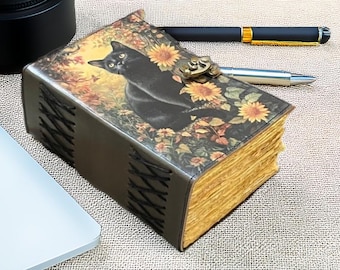 Diario de cuero personalizado con forma de gato: Libro de sombras en blanco, estilo vintage