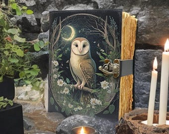 Diario de cuero de búho: Libro de las Sombras vintage, libro de hechizos grimorio wiccano, personalizado + marcapáginas de cuero gratis