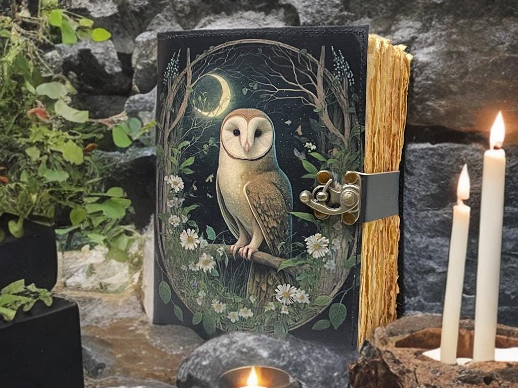Owl Leather Journal: Vintage Book of Shadows, Wiccan Grimoire