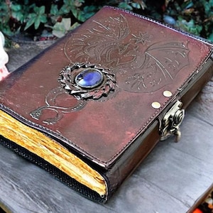 Handmade Dragon Leather Journal with Blue Stone | Fantasy Spellbook Grimoire | DnD Gift for Dungeon Masters | Gothic Writing Notebook&quot;