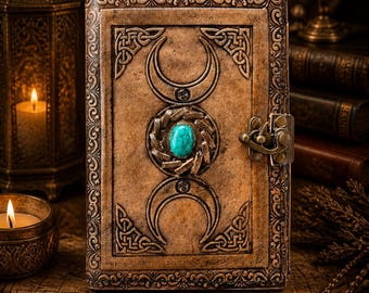 Triple Moon Leather Journal – Handmade Witch Grimoire / Wiccan Pagan Spell book Gift