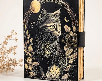 Celtic Cat Leather Journal, Handmade Book of Shadows, Witchy Grimoire Cat Lover Gift