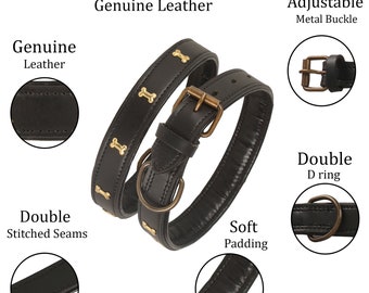 May include: Black leather dog collar with gold bone accents, a metal buckle, and a double D-ring. The collar has soft padding and double stitched seams.