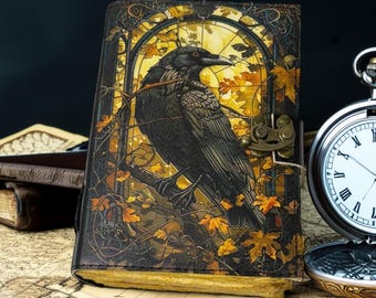 Gothic Raven Lederbuch – Handgefertigtes Grimoire Buch der Schatten | Notizbuch + gratis Leder Lesezeichen