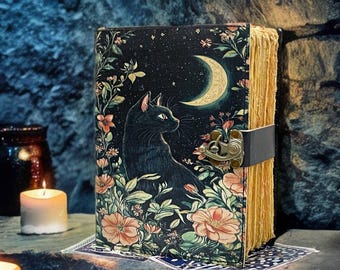 400 Pages Celtic Cat Flowers Handmade Leather Journal – Blank Spell Book of Shadows, Grimoire, Sketchbook & Vintage Witchcraft Notebook