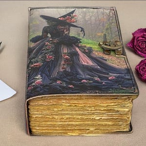 Puede incluir: Un diario encuadernado en cuero con una ilustraci&oacute;n de bruja en la portada, con una mujer con un vestido y sombrero negros con rosas rosas. El diario tiene p&aacute;ginas amarillentas envejecidas y un cierre de metal. Un bol&iacute;grafo y papel est&aacute;n a la izquierda.