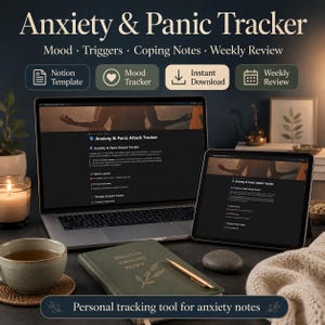 Può includere: Un modello digitale Anxiety & Panic Tracker per Notion visualizzato su un portatile e un tablet. L'interfaccia include sezioni per umore, trigger, note e revisioni settimanali. Un diario verde riporta il testo BREATHE GROUND RESET.
