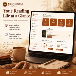 May include: A laptop displays a reading tracker interface with data visualizations. The screen shows book statistics, reading progress, and a yearly reading challenge. A coffee cup, books, and a notebook are on the table.