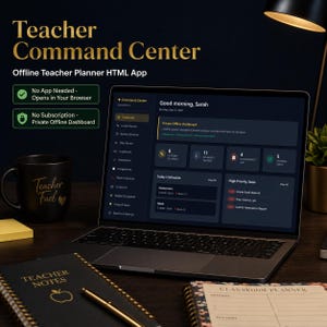 Pode incluir: Um laptop exibe o aplicativo "Teacher Command Center" para professores. Ao lado, uma caneca preta com "Teacher Fuel". Um caderno com "Teacher Notes" e uma caneta também são visíveis. A interface do aplicativo mostra um painel com acompanhamento de aulas e alunos.