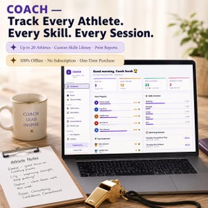 May include: A laptop displays a coaching dashboard with athlete data. A mug with "COACH LEAD INSPIRE" sits beside a notepad with athlete notes and a gold whistle. The screen shows team progress and upcoming sessions.