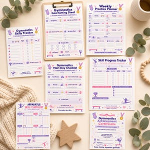 Puede incluir: Una colección de artículos de papelería con temática de gimnasia, que incluyen una hoja de establecimiento de objetivos, un planificador de práctica semanal, un rastreador de habilidades, una lista de verificación del día de la reunión, un rastreador de progreso de habilidades y un certificado de logro.