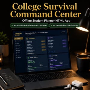 May include: A laptop displays the "College Survival Command Center" app interface. The screen shows a student planner with sections for assignments, exams, and budget overview. A notebook with "Plan, Focus, Execute, Succeed" is on the desk.