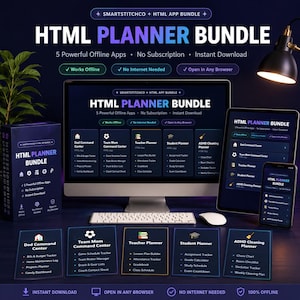 HTML Planner Bundle 5 Apps, Offline Family Command Center, Teacher Student Dad Mom Planner, No Subscription Digital Download