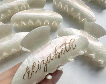 Personalised Hand Engraved White Pearl Hair Claw Clip | Bridesmaid Gifts