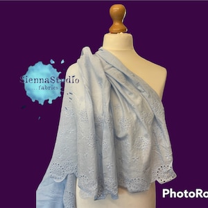 Pale blue broiderie anglaise sewing fabric, by the metre, delicate geometric floral embroidered dressmaking material , fine quality voile