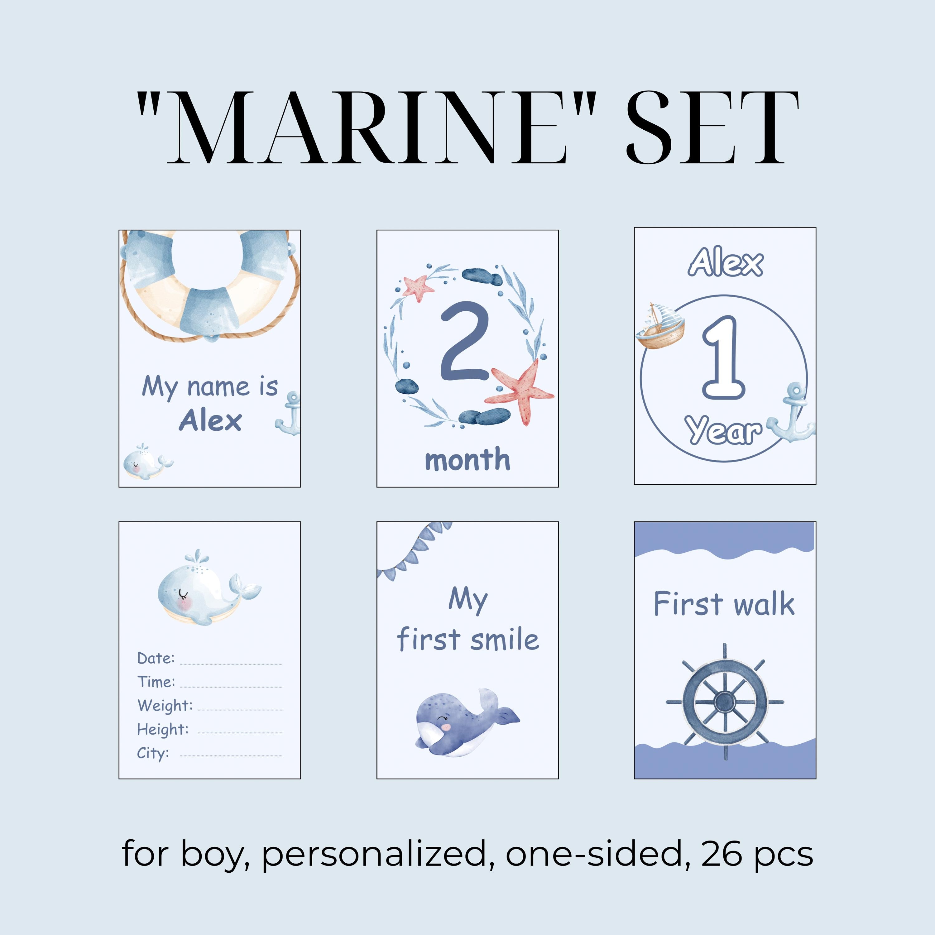 Sailor Baby Milestone Cards – 26 Personalized Blue Photo Props for Boy, Nautical Sea Theme, Up to 1 Year