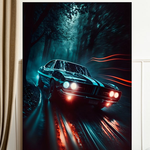 American Muscle Car Poster Wall Art | Sports Car Poster | Plymouth Cuda '70 | Gifts for Car Enthusiasts | Dramatic Angle