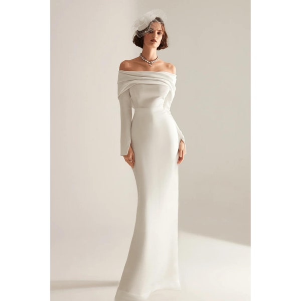 Off the Shoulder Off White Maxi Civil Wedding Dress, Mini Courthouse Wedding Dress, Classic Long Sleeve Off The Shoulder Mini Wedding Dress