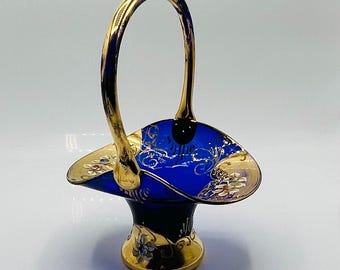 BOHEMIAN MURANO GLASS Basket - 24k Gold and Cobalt Blue Tre Fuochi