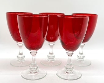 Vintage Ruby Red Wine Glass Set: Small Port Sherry Glasses, Set of 5