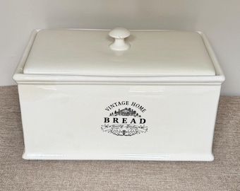 Grande recipiente de cerâmica para pão, estilo vintage, para cozinha rústica, com tampa, cor creme, ideal para guardar pão e decorar sua cozinha de fazenda.