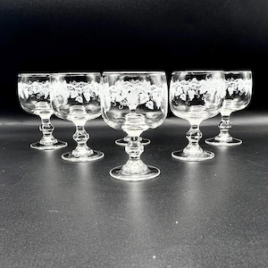 Vintage Printed Cordial Glasses Set: Grapevine Motif, Short Stem Liqueur Goblets