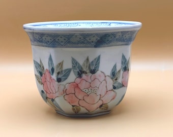 20世紀半ば頃のヴィンテージ中国製陶器製植木鉢、花柄モチーフ、未使用