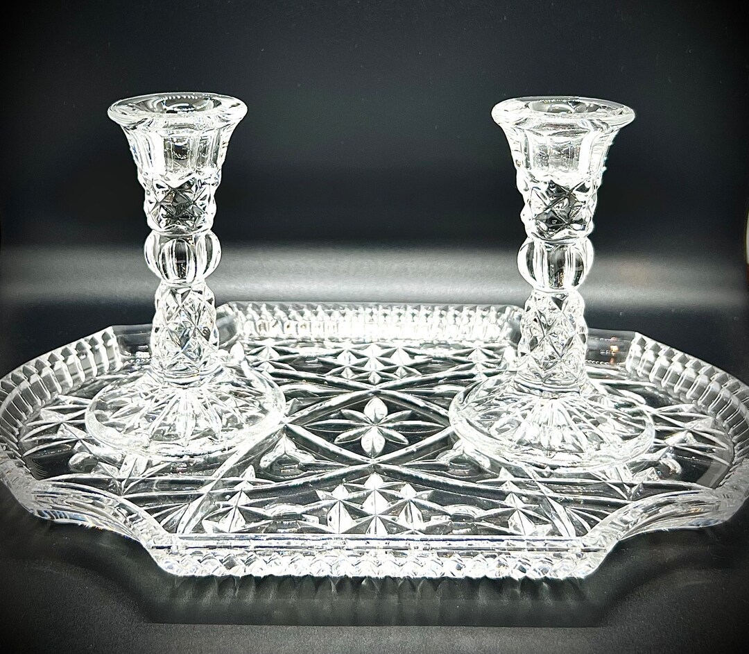 Vintage Crystal Dressing Table Set Cut Crystal Tray Vintage Crystal Tray 2 Candlesticks Holders